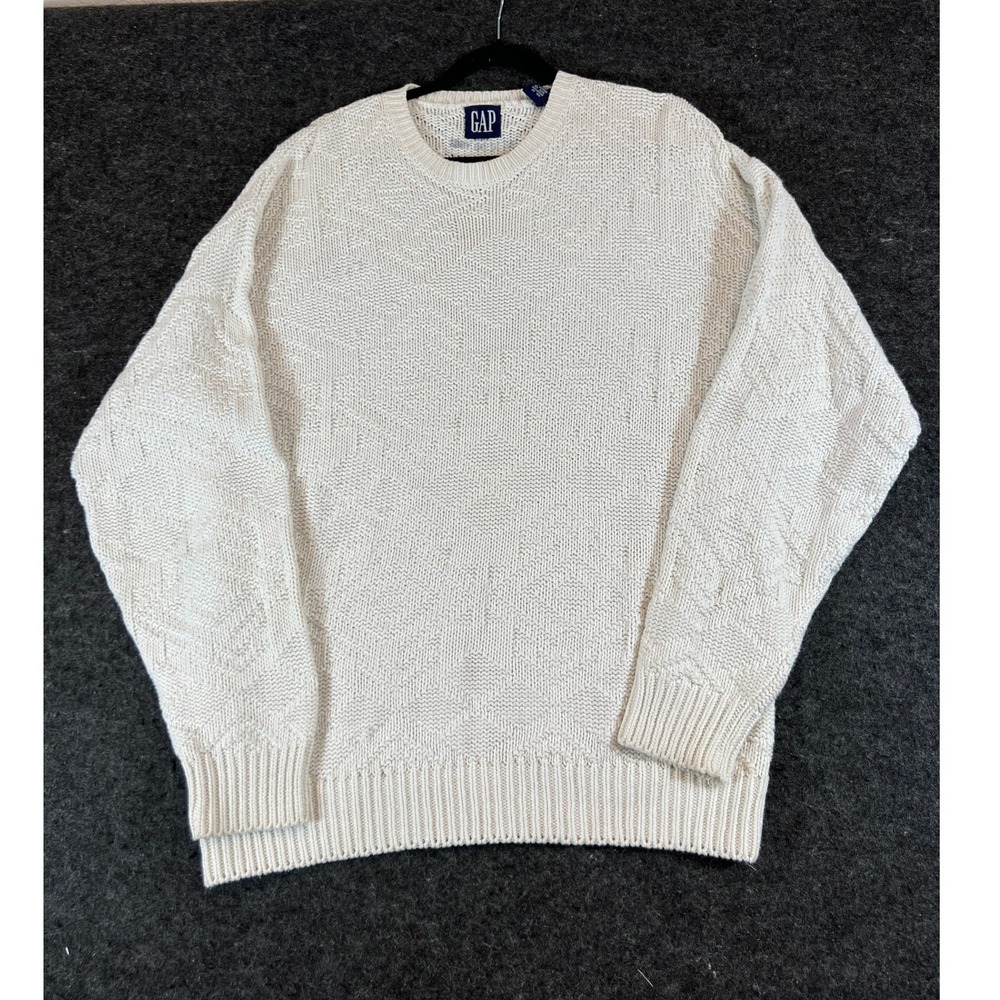 Vintage 90s Gap Cream Textured Knit Crewneck Sweater Mens Medium Ramie Cotton